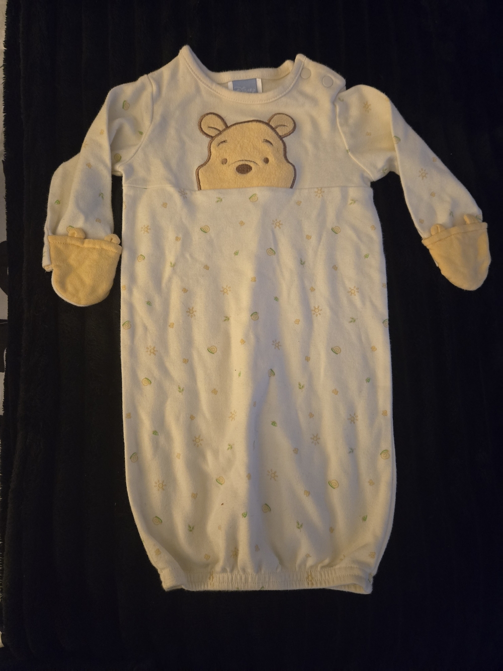 Disney Winnie the Pooh Infant Sleep Gown Sack Cream Yellow Mittens 0-3M EUC